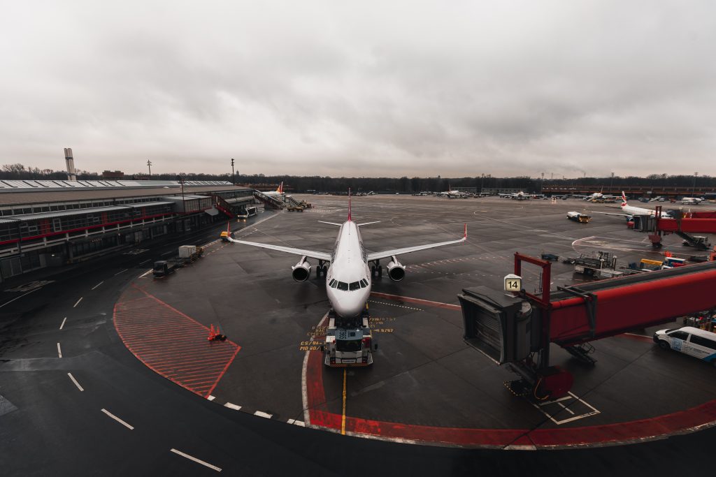 aeroplane lined up in cloudy dark day